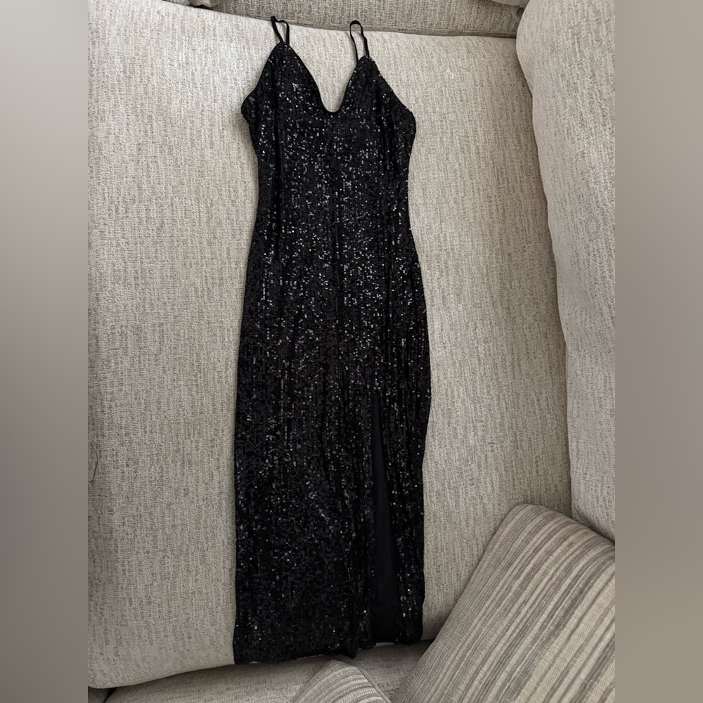 Sequin double lined high leg slit black dress - soft inside